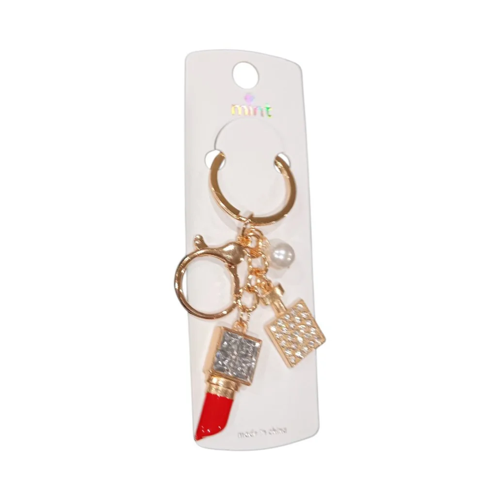 Rhinestone Lipstick, Perfume Bottle, Pearl Bling Keychain Purse Charm Red & Gold